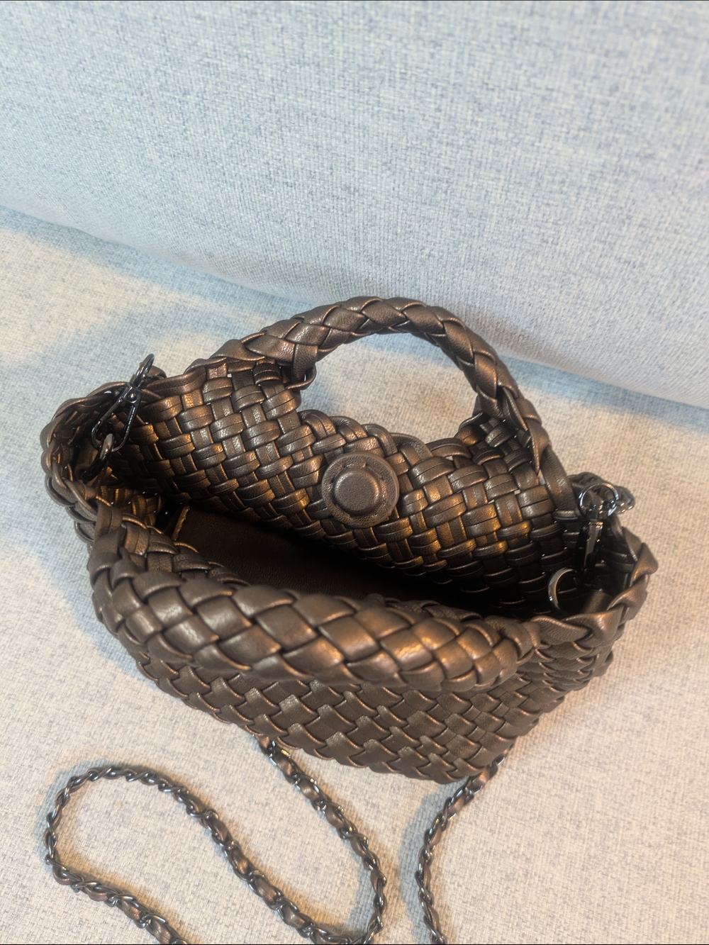 Metallic Brown Woven Mini Chain Strap Braided Handle Handbag - Picture 8 of 12